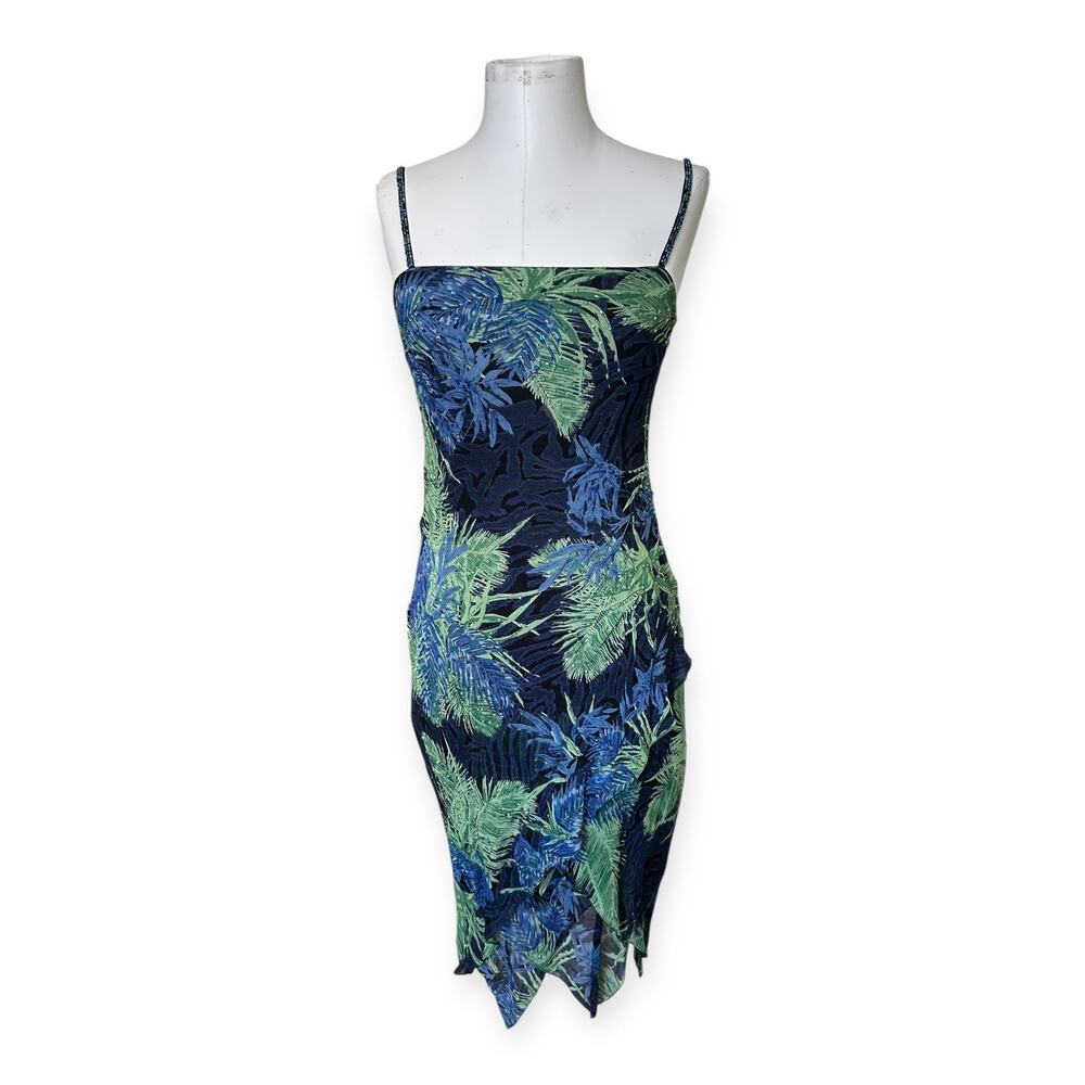 Vintage 90s Y2K Eva Blue Beaded Tropical Print Slip Dress S Fairy Ethereal